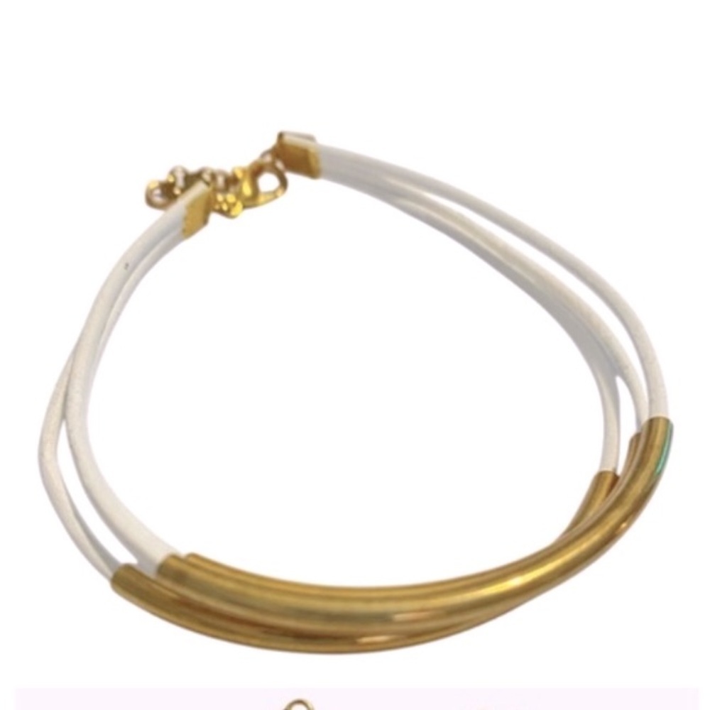 White Leather Bracelet, Stackable Leather Strand Bracelet, Gold Plated Tu…